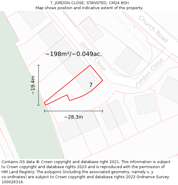 7, JORDON CLOSE, STANSTED, CM24 8SH: Plot and title map