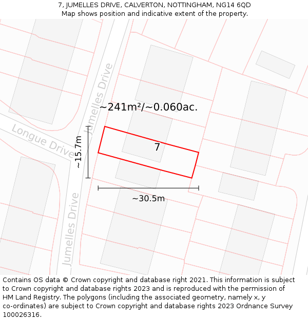 7, JUMELLES DRIVE, CALVERTON, NOTTINGHAM, NG14 6QD: Plot and title map