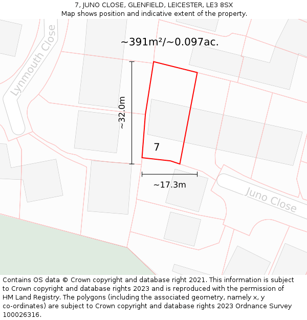 7, JUNO CLOSE, GLENFIELD, LEICESTER, LE3 8SX: Plot and title map
