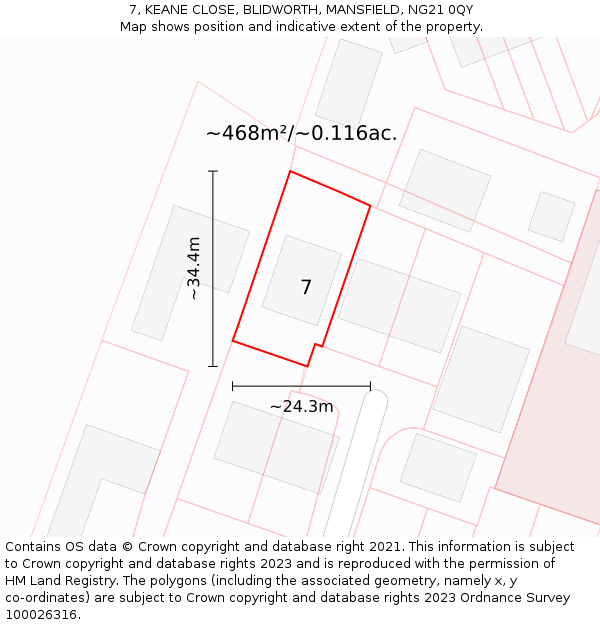 7, KEANE CLOSE, BLIDWORTH, MANSFIELD, NG21 0QY: Plot and title map