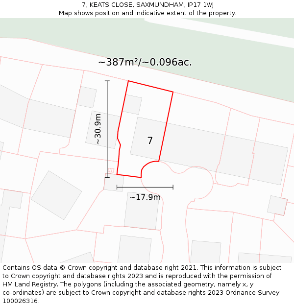 7, KEATS CLOSE, SAXMUNDHAM, IP17 1WJ: Plot and title map