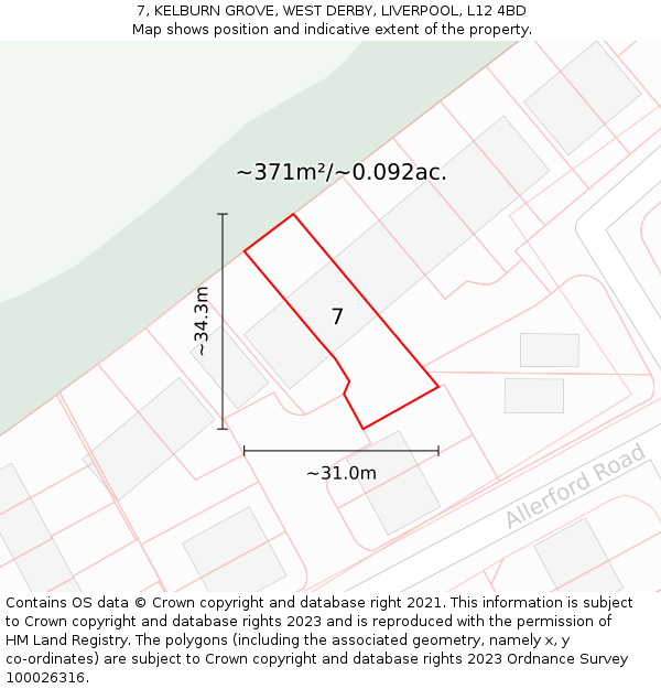 7, KELBURN GROVE, WEST DERBY, LIVERPOOL, L12 4BD: Plot and title map