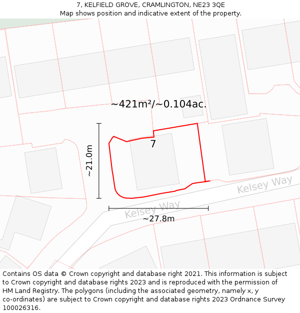 7, KELFIELD GROVE, CRAMLINGTON, NE23 3QE: Plot and title map