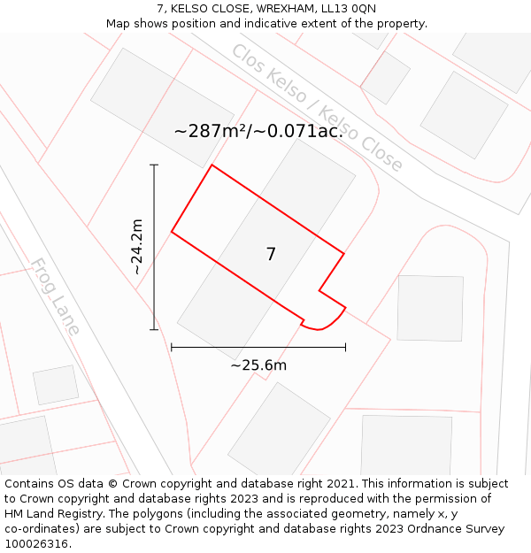 7, KELSO CLOSE, WREXHAM, LL13 0QN: Plot and title map