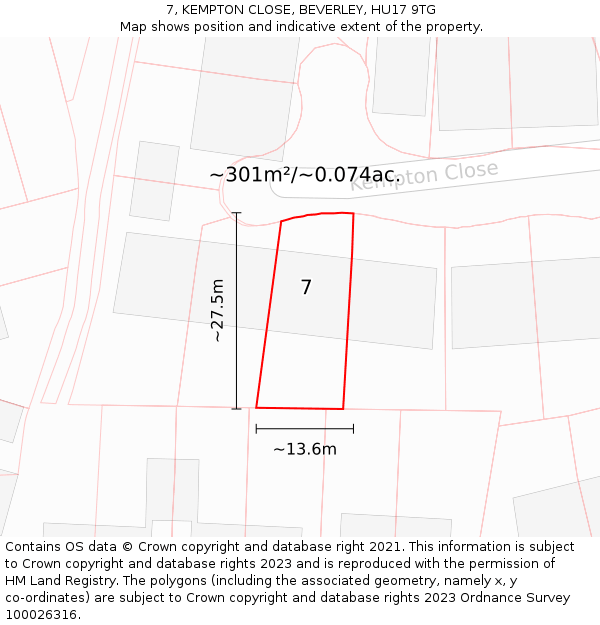 7, KEMPTON CLOSE, BEVERLEY, HU17 9TG: Plot and title map