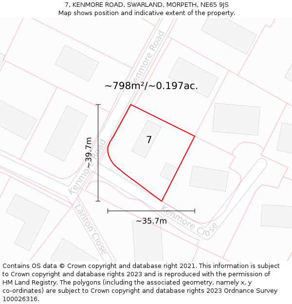 7, KENMORE ROAD, SWARLAND, MORPETH, NE65 9JS: Plot and title map