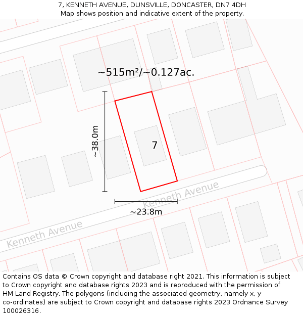 7, KENNETH AVENUE, DUNSVILLE, DONCASTER, DN7 4DH: Plot and title map