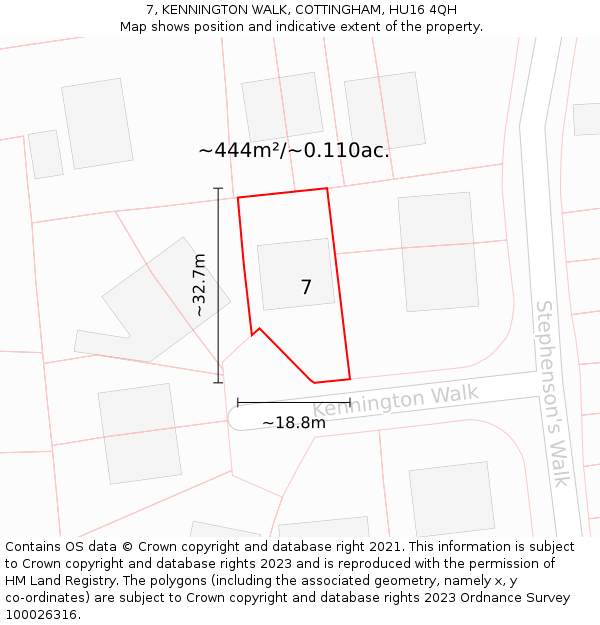 7, KENNINGTON WALK, COTTINGHAM, HU16 4QH: Plot and title map