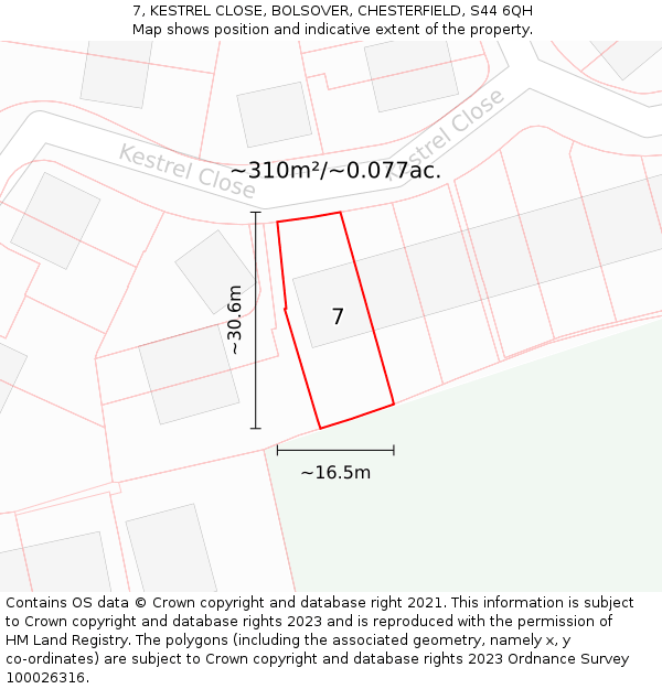7, KESTREL CLOSE, BOLSOVER, CHESTERFIELD, S44 6QH: Plot and title map