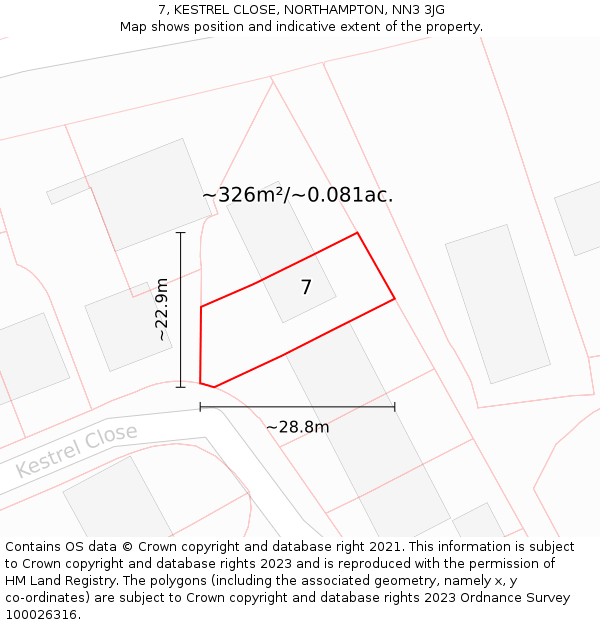 7, KESTREL CLOSE, NORTHAMPTON, NN3 3JG: Plot and title map