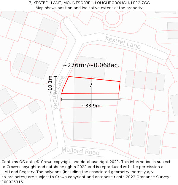 7, KESTREL LANE, MOUNTSORREL, LOUGHBOROUGH, LE12 7GG: Plot and title map