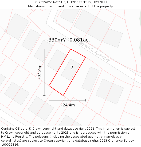 7, KESWICK AVENUE, HUDDERSFIELD, HD3 3HH: Plot and title map