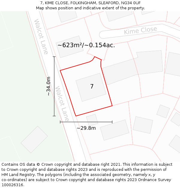 7, KIME CLOSE, FOLKINGHAM, SLEAFORD, NG34 0UF: Plot and title map