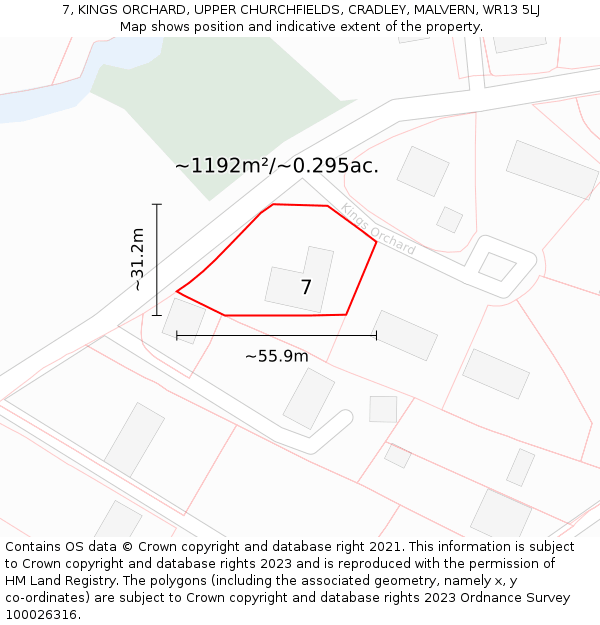 7, KINGS ORCHARD, UPPER CHURCHFIELDS, CRADLEY, MALVERN, WR13 5LJ: Plot and title map