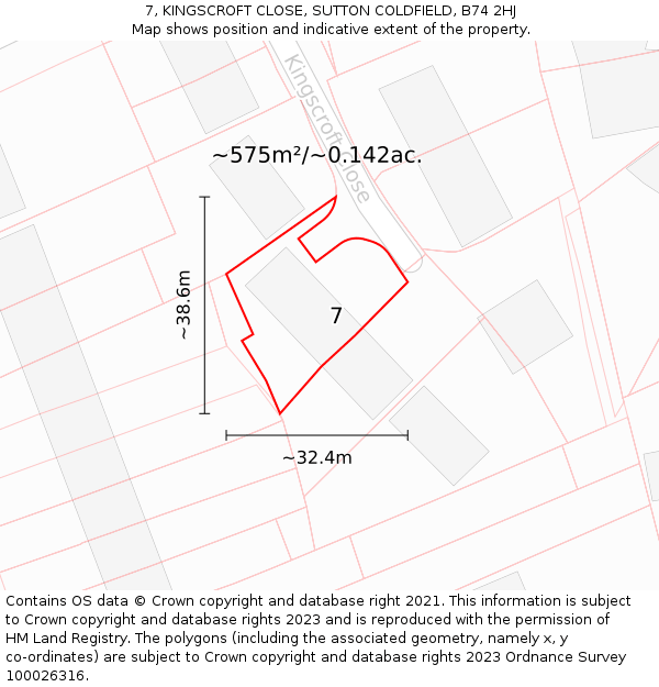 7, KINGSCROFT CLOSE, SUTTON COLDFIELD, B74 2HJ: Plot and title map