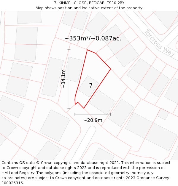 7, KINMEL CLOSE, REDCAR, TS10 2RY: Plot and title map