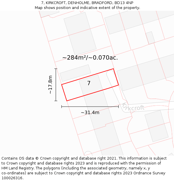 7, KIRKCROFT, DENHOLME, BRADFORD, BD13 4NP: Plot and title map