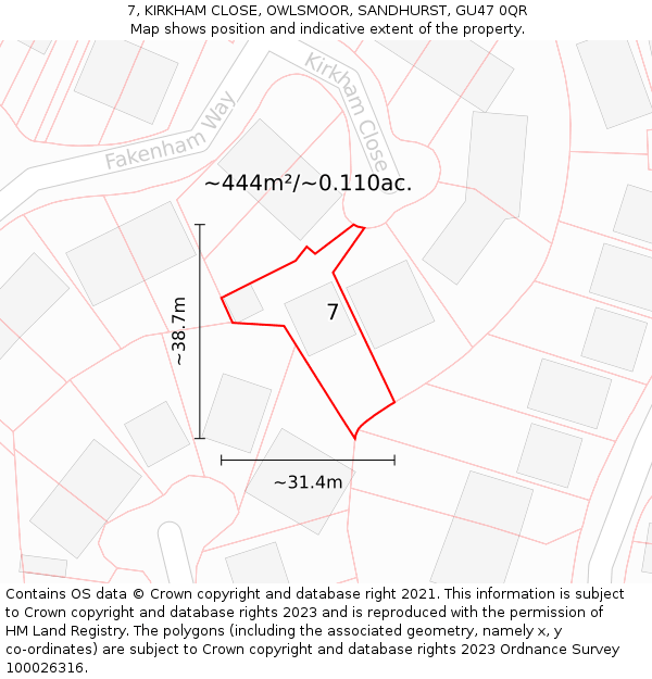 7, KIRKHAM CLOSE, OWLSMOOR, SANDHURST, GU47 0QR: Plot and title map
