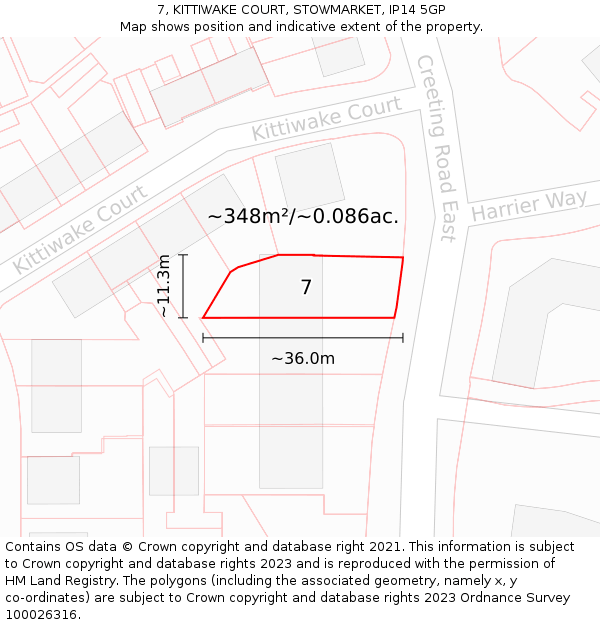 7, KITTIWAKE COURT, STOWMARKET, IP14 5GP: Plot and title map