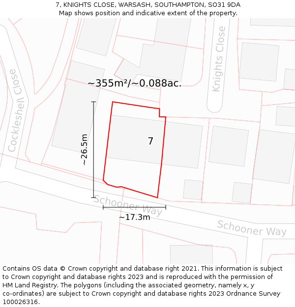 7, KNIGHTS CLOSE, WARSASH, SOUTHAMPTON, SO31 9DA: Plot and title map