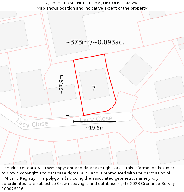 7, LACY CLOSE, NETTLEHAM, LINCOLN, LN2 2WF: Plot and title map