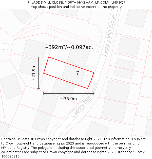 7, LADDS MILL CLOSE, NORTH HYKEHAM, LINCOLN, LN6 9QP: Plot and title map