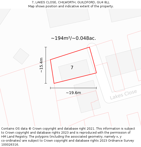 7, LAKES CLOSE, CHILWORTH, GUILDFORD, GU4 8LL: Plot and title map