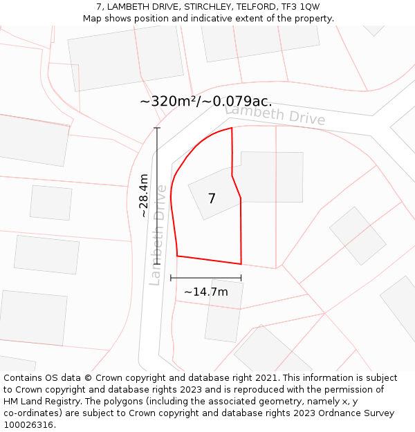 7, LAMBETH DRIVE, STIRCHLEY, TELFORD, TF3 1QW: Plot and title map