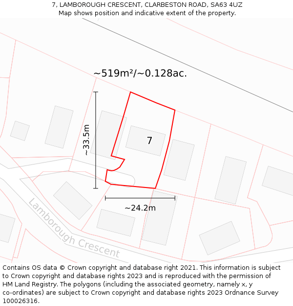 7, LAMBOROUGH CRESCENT, CLARBESTON ROAD, SA63 4UZ: Plot and title map