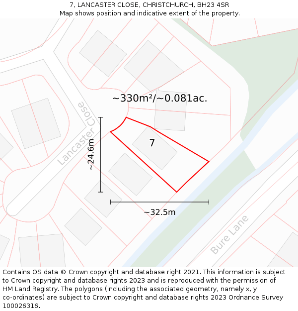 7, LANCASTER CLOSE, CHRISTCHURCH, BH23 4SR: Plot and title map