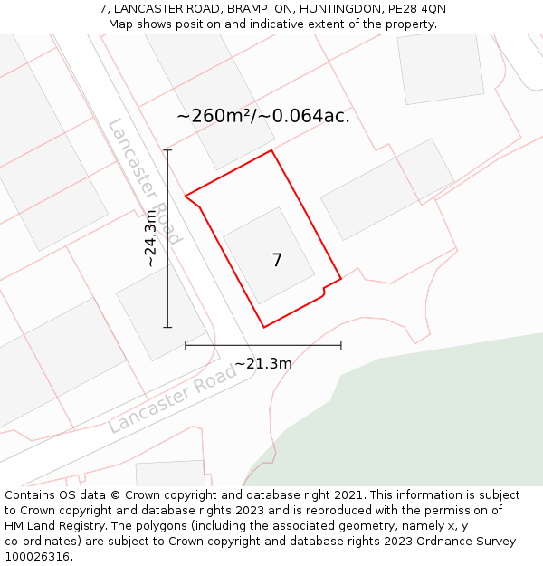 7, LANCASTER ROAD, BRAMPTON, HUNTINGDON, PE28 4QN: Plot and title map