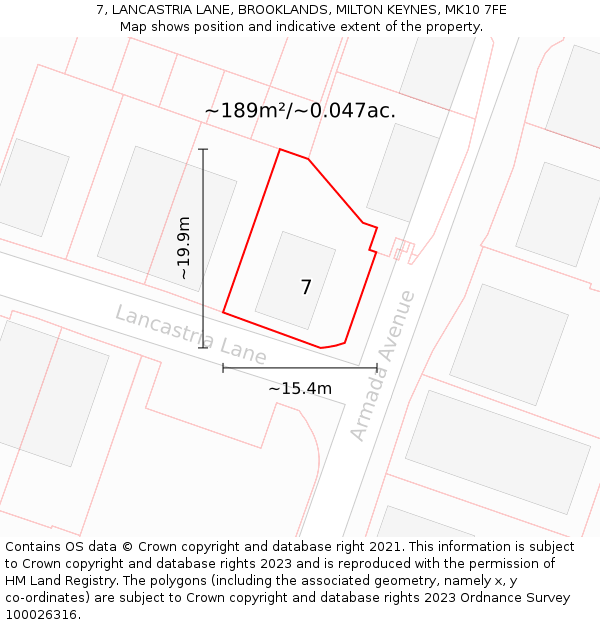 7, LANCASTRIA LANE, BROOKLANDS, MILTON KEYNES, MK10 7FE: Plot and title map