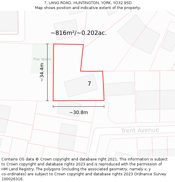 7, LANG ROAD, HUNTINGTON, YORK, YO32 9SD: Plot and title map