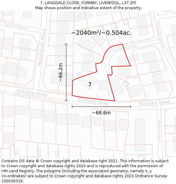 7, LANGDALE CLOSE, FORMBY, LIVERPOOL, L37 2FF: Plot and title map