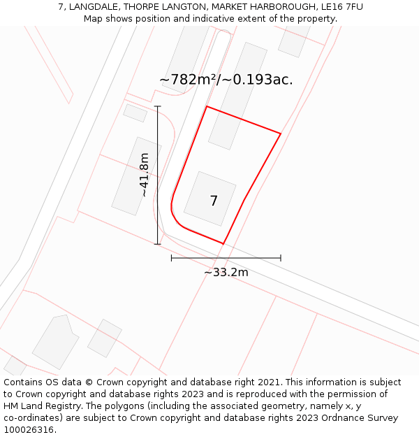 7, LANGDALE, THORPE LANGTON, MARKET HARBOROUGH, LE16 7FU: Plot and title map