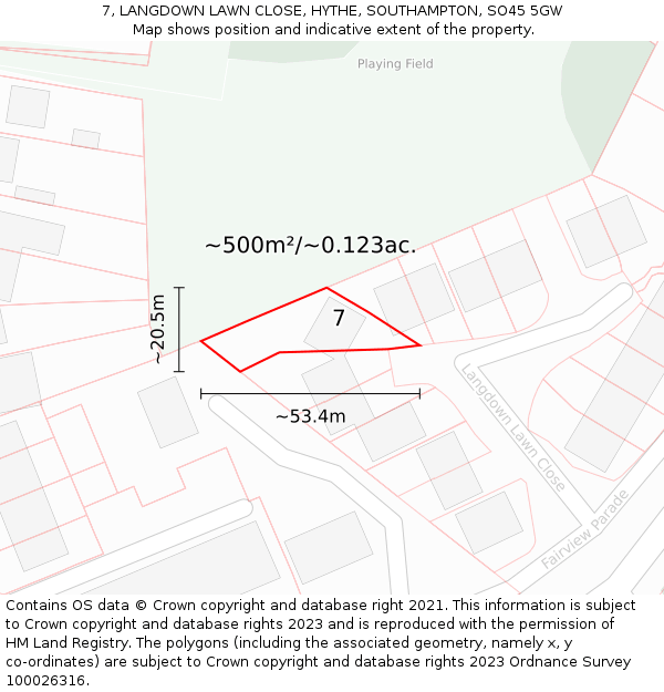 7, LANGDOWN LAWN CLOSE, HYTHE, SOUTHAMPTON, SO45 5GW: Plot and title map