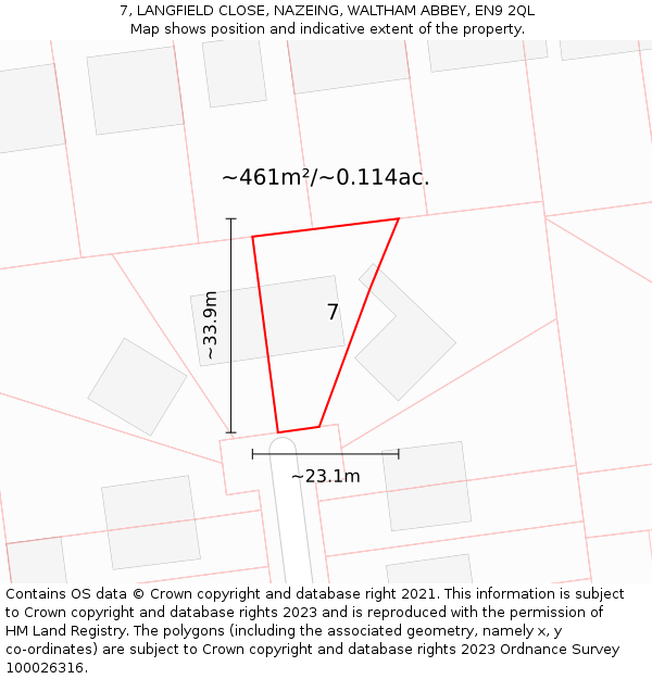 7, LANGFIELD CLOSE, NAZEING, WALTHAM ABBEY, EN9 2QL: Plot and title map