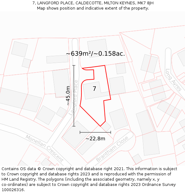 7, LANGFORD PLACE, CALDECOTTE, MILTON KEYNES, MK7 8JH: Plot and title map