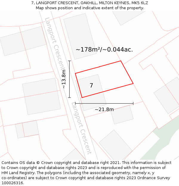 7, LANGPORT CRESCENT, OAKHILL, MILTON KEYNES, MK5 6LZ: Plot and title map