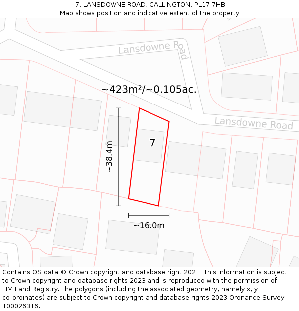 7, LANSDOWNE ROAD, CALLINGTON, PL17 7HB: Plot and title map