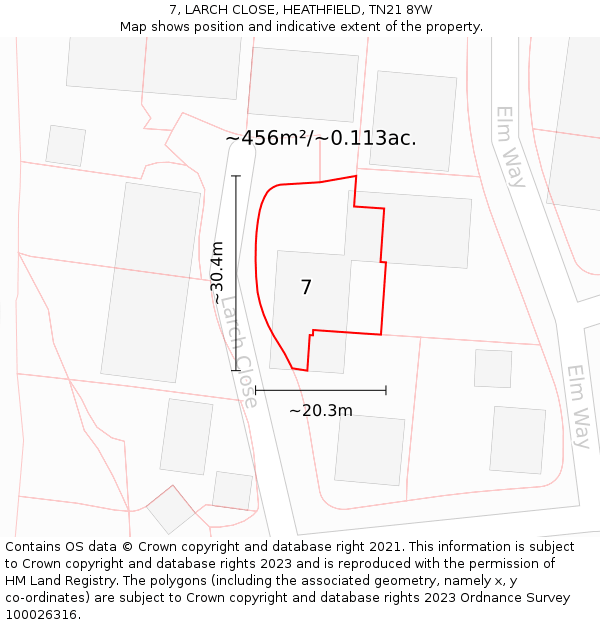 7, LARCH CLOSE, HEATHFIELD, TN21 8YW: Plot and title map