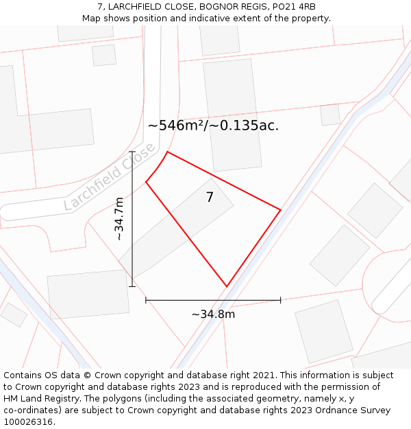 7, LARCHFIELD CLOSE, BOGNOR REGIS, PO21 4RB: Plot and title map