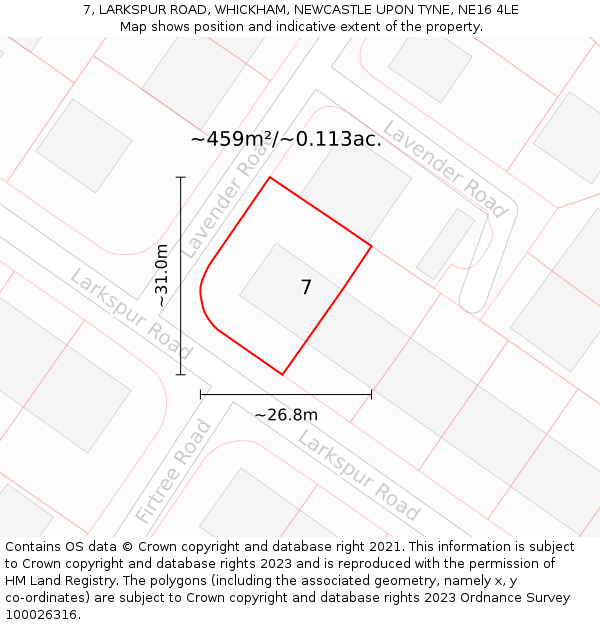 7, LARKSPUR ROAD, WHICKHAM, NEWCASTLE UPON TYNE, NE16 4LE: Plot and title map