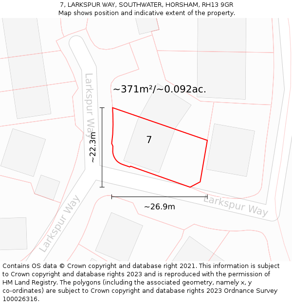 7, LARKSPUR WAY, SOUTHWATER, HORSHAM, RH13 9GR: Plot and title map