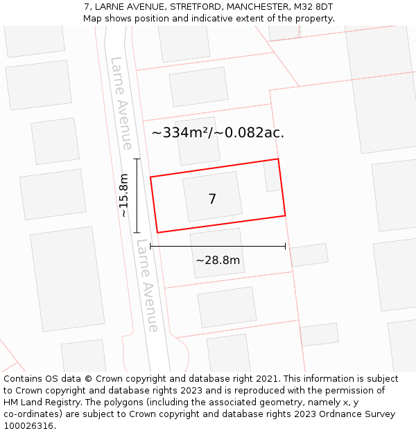 7, LARNE AVENUE, STRETFORD, MANCHESTER, M32 8DT: Plot and title map