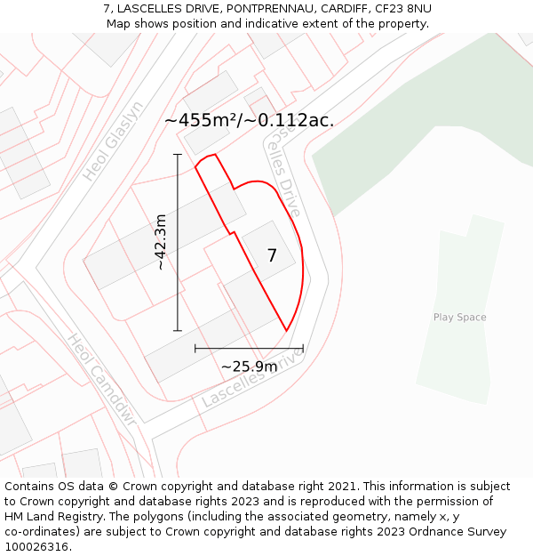 7, LASCELLES DRIVE, PONTPRENNAU, CARDIFF, CF23 8NU: Plot and title map