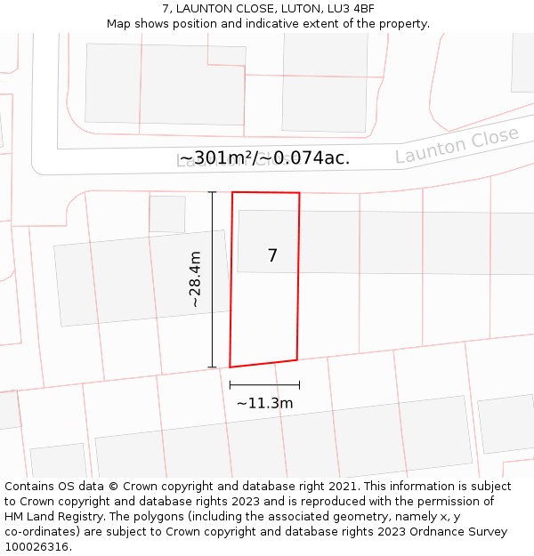 7, LAUNTON CLOSE, LUTON, LU3 4BF: Plot and title map