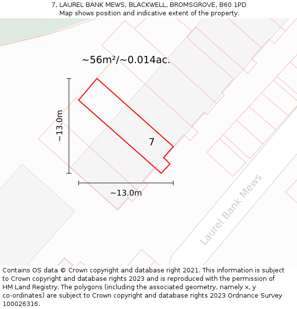 7, LAUREL BANK MEWS, BLACKWELL, BROMSGROVE, B60 1PD: Plot and title map