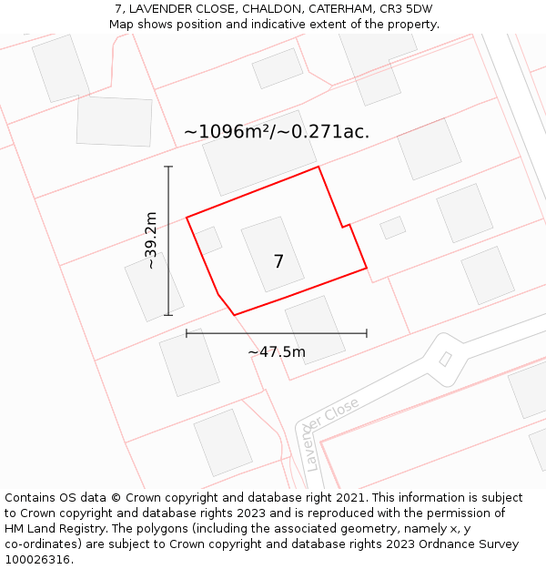 7, LAVENDER CLOSE, CHALDON, CATERHAM, CR3 5DW: Plot and title map