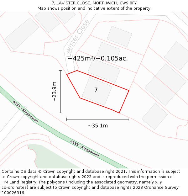 7, LAVISTER CLOSE, NORTHWICH, CW9 8FY: Plot and title map